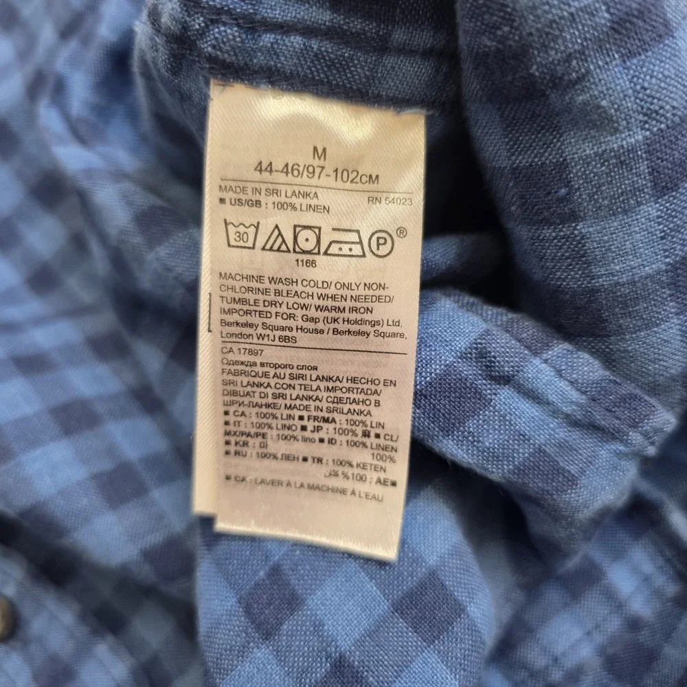 Banana Republic Shirt Men Medium Blue Check Linen Camden Fit Short Sleeve Button